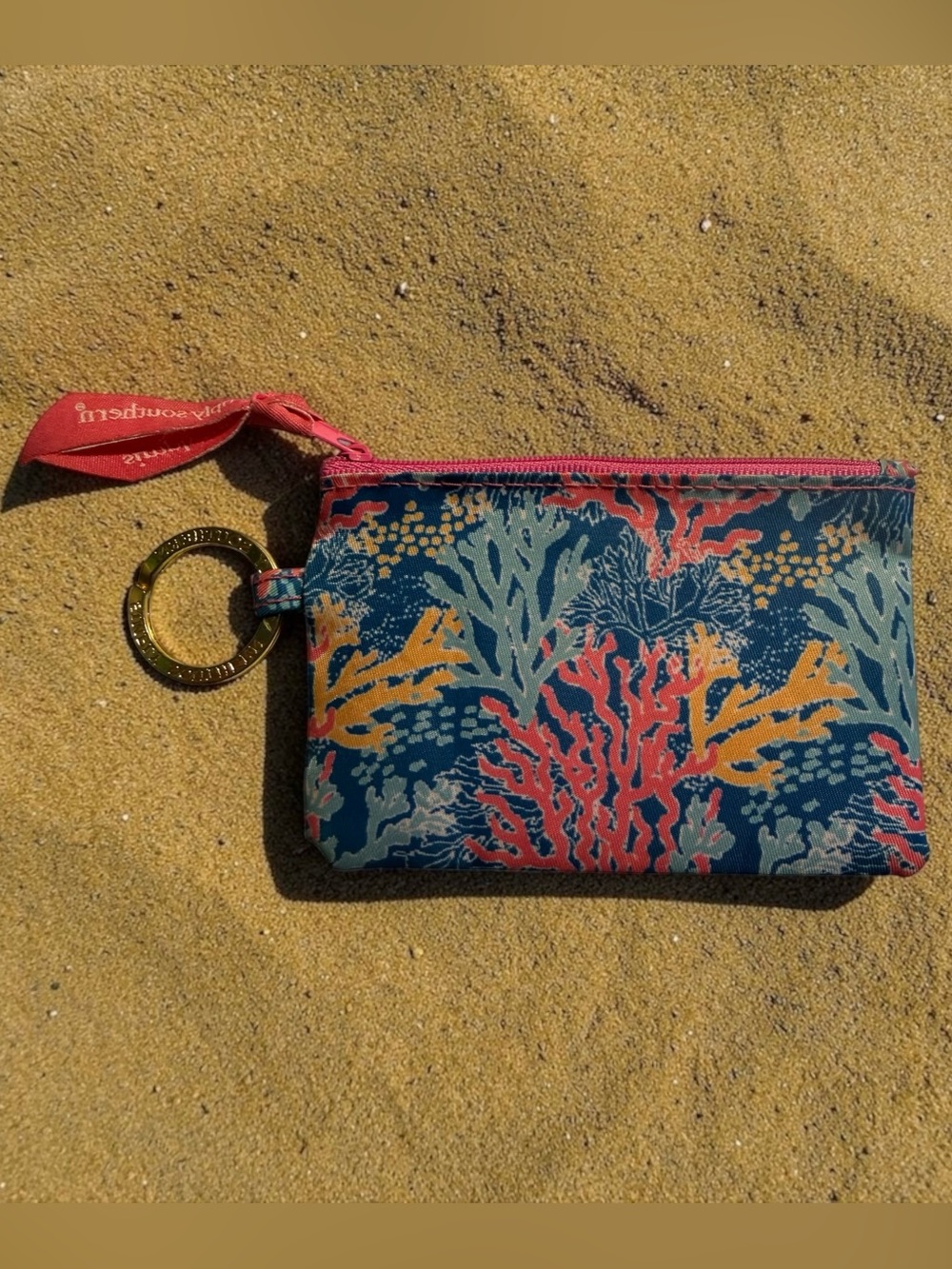 Simply Southern Coastal Preppy Coral Print Pouch Zip ID Wallet Keychain